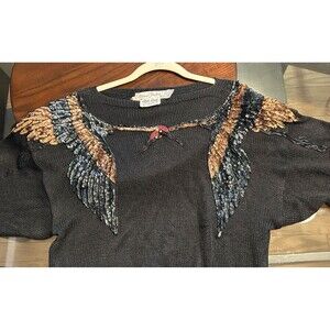 Vtg Marisa Christina Flying Birds Beaded Black Sweater Shoulder Pads Size M/L